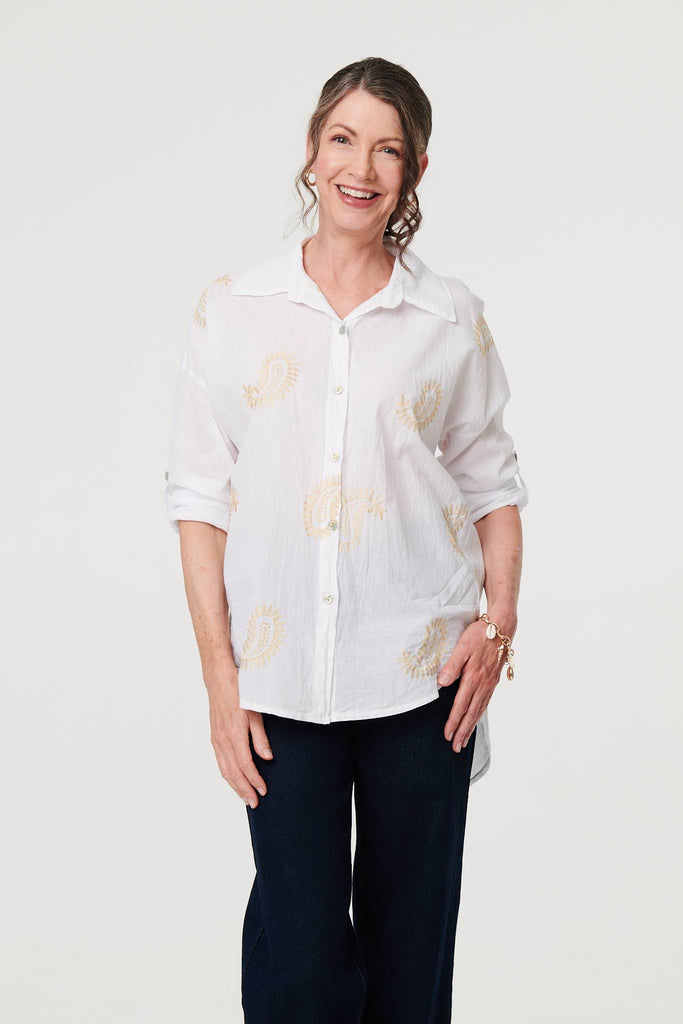 Embroidered 3/4 Turn-Up Sleeve Shirt
