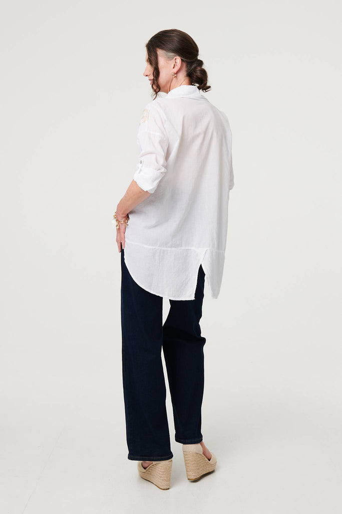 Embroidered 3/4 Turn-Up Sleeve Shirt