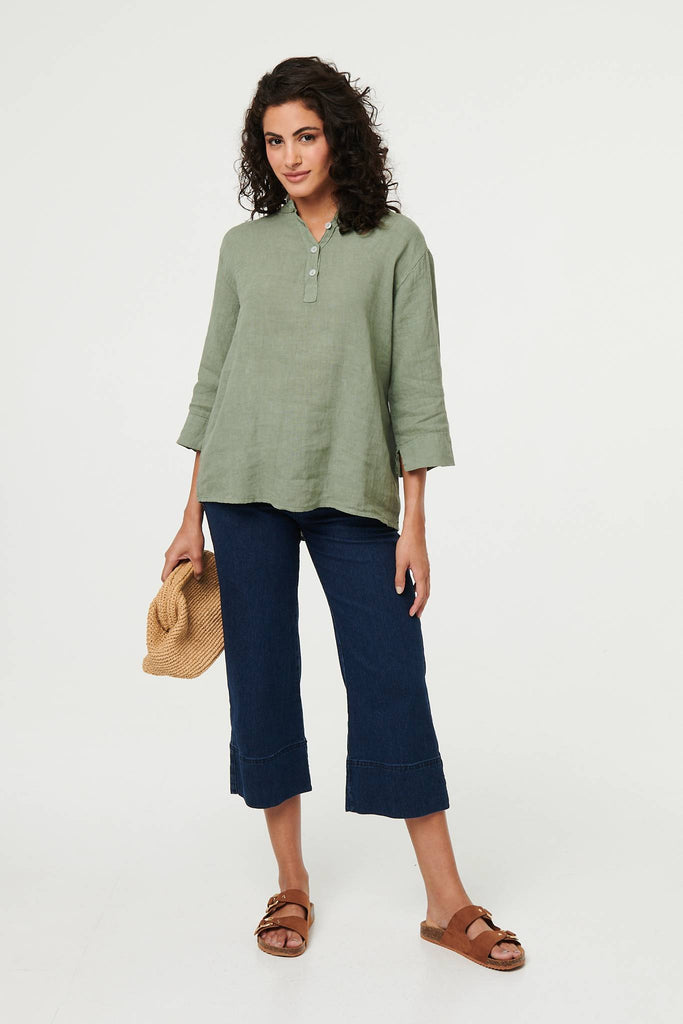 Relaxed 3/4 Sleeve Button Neck Blouse