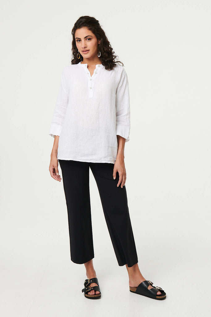 Relaxed 3/4 Sleeve Button Neck Blouse