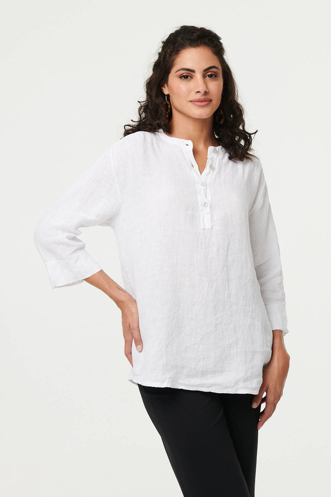 Relaxed 3/4 Sleeve Button Neck Blouse