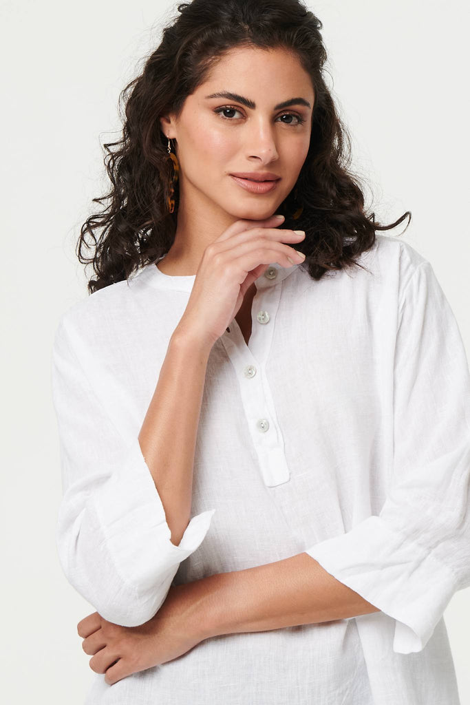 Relaxed 3/4 Sleeve Button Neck Blouse