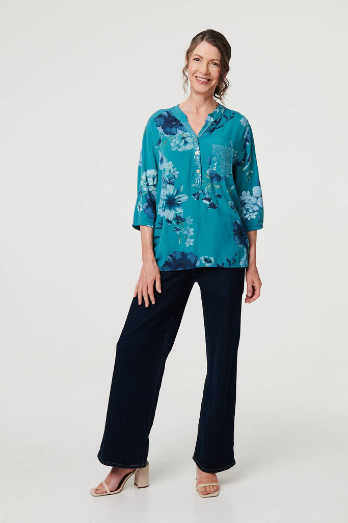Floral Sequin Detail 3/4 Sleeve Blouse
