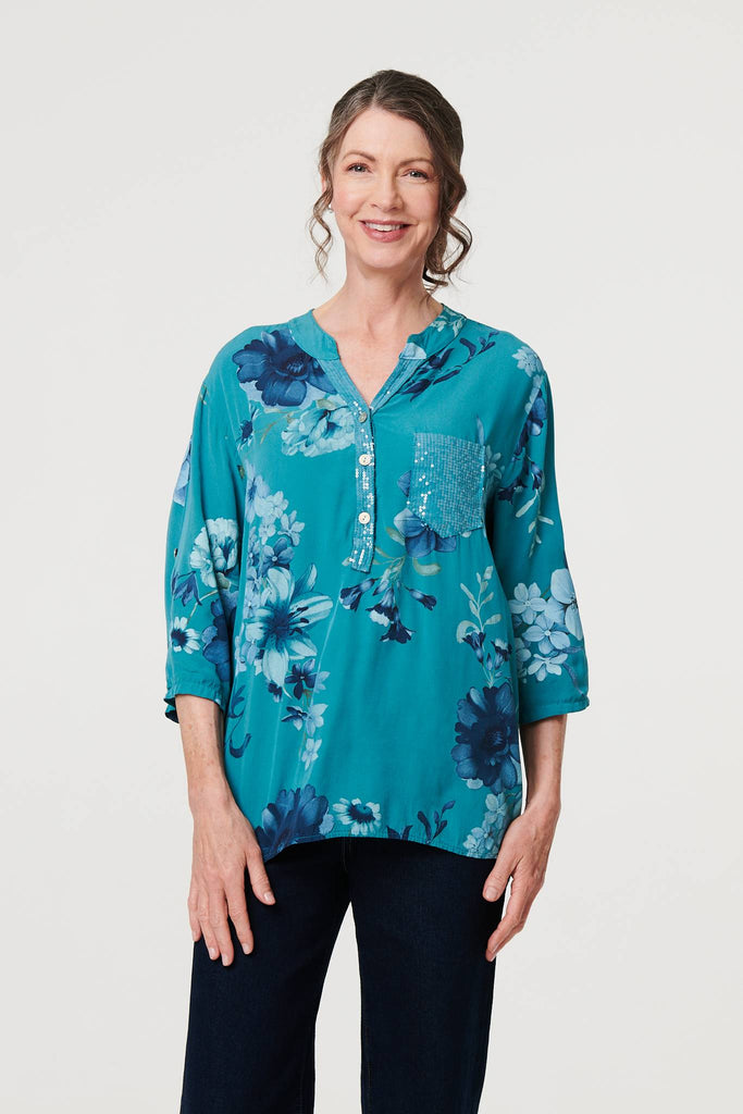 Floral Sequin Detail 3/4 Sleeve Blouse