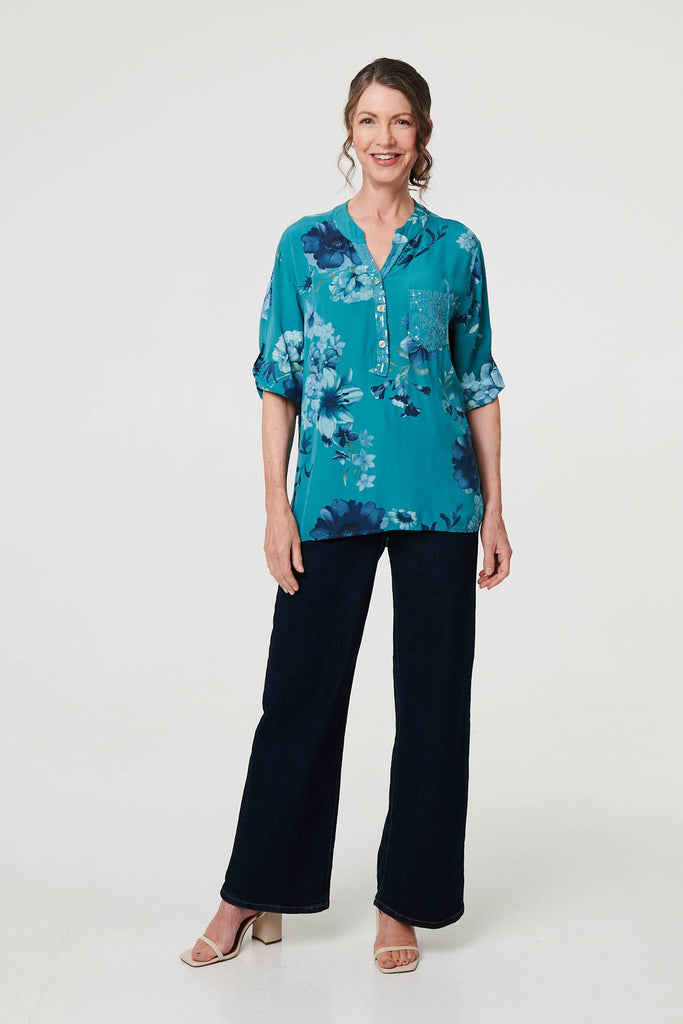 Floral Sequin Detail 3/4 Sleeve Blouse