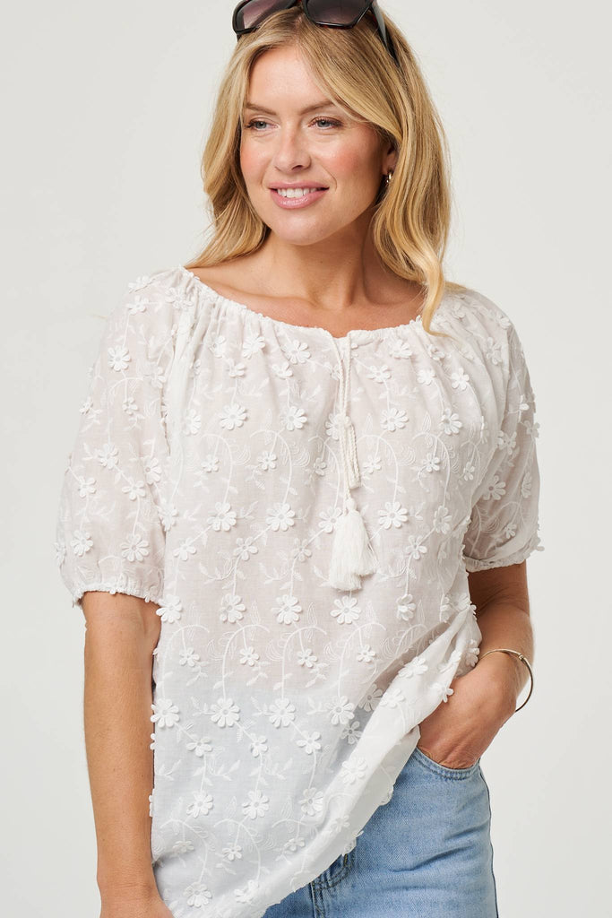 Floral Embroidered Bardot Neck Top