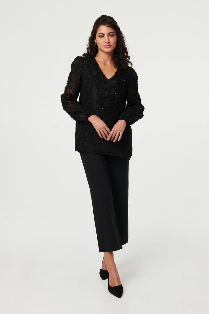 Lace Embellished V-Neck Long Sleeve Top
