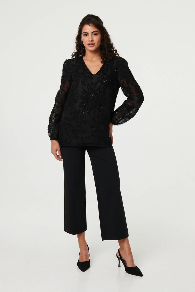 Lace Embellished V-Neck Long Sleeve Top