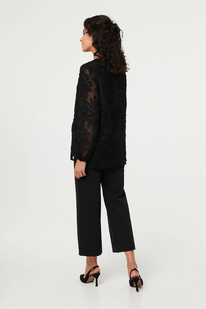 Lace Embellished V-Neck Long Sleeve Top