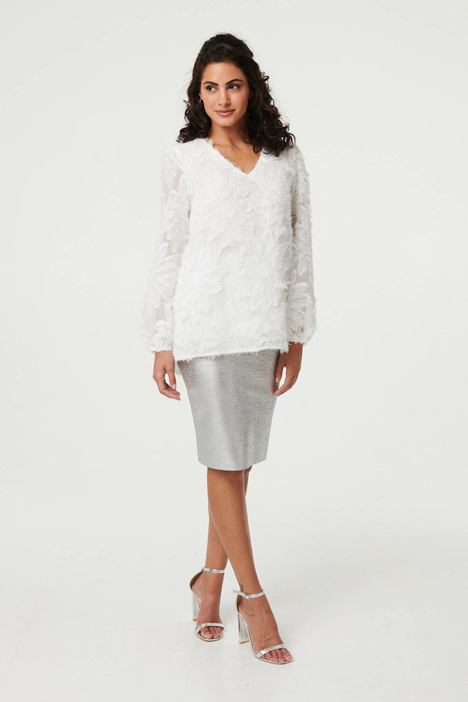 Lace Embellished V-Neck Long Sleeve Top