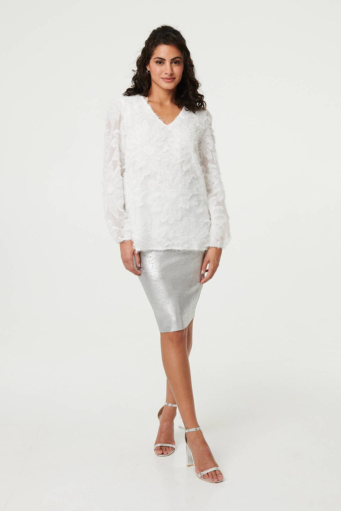 Lace Embellished V-Neck Long Sleeve Top