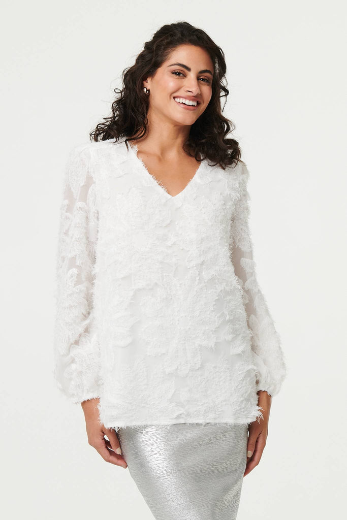 Lace Embellished V-Neck Long Sleeve Top