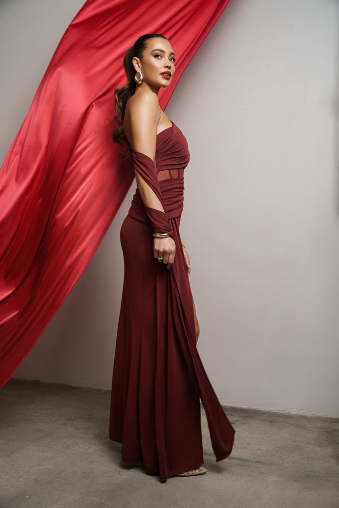 Burgundy Naida Drape Maxi Dress